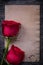 Blank vintage paper red expanded roses on wooden