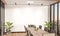 Blank wall Mockup in bright wooden office with windows and sun passing through. Empty company meeting room 3D rendering