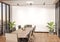 Blank wall Mockup in bright wooden office with windows and sun passing through. Empty company meeting room 3D rendering