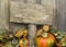 Blank weathered wood sign with autumn border of leaves and pumpkins