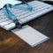 Blank white badge on the keyboard. 3d rendering