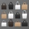 Blank white, black and brown canvas shopping bag templates. Vector handbags mockup