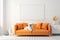 Blank white canvas in living room mockup, little white dog lying on orange sofa. For showcasing art or photography