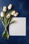 Blank White Card On Navy And Gold Background With Tulips Postcard. Generative AI