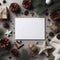 Blank white christmas greeting card mockup, flat lay beautiful background rustic decorated for christmas