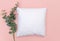 Blank white cushion mockup on pink background