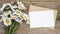 Blank white greeting card and envelope with chamomile flowers