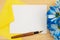 Blank white greeting card in yellow envelop with a pen with blue daisies