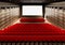 Blank white luminous cinema movie theatre screen with realistic red rows of seats and chairs with empty copy space background.