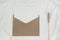 Blank white paper is placed on the open brown paper envelope with Barley dry flower on white cloth. Mock-up of horizontal blank