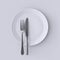 Blank white plate with fork and knife, top view isolated. Clear dish with cutlery design. Empty