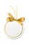 Blank white price paper label. Tag with gold bow, circle empty card with golden silk ribbon, birthday or wedding