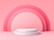 Blank white product podium with pink pastel color rainbow on pink background