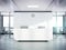 Blank white reception desk in concrete office with large windows Mockup 3D rendering