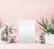 Blank white sheet mock up and green house plants in pots, glass terrarium and jars on table at pastel pink background. Various
