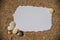 Blank white sheet of paper on white sand with seashells and stones. Message by the sea, romance, valentine's