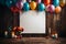 Blank white sheet of paper on wooden background with colorful balloons and candles with copy space