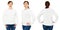 Blank white sweatshirt mock up set isolated, front, back and side view. Middle-aged woman wear white pullover mockup. Plain hoody