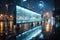 blank white transparent glass billboard on futuristic city street after rain
