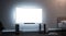 Blank white tv screen room interior in darkness mockup