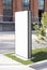 Blank white vertical pylon stand mockup brick building, side view