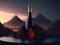 blank wine bottle podium mockup in lava stream for product presentation and lava mountain ground background.generative AI