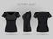 Blank women`s black t-shirt in front, back and side views. Realistic female sport shirts
