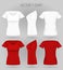 Blank women`s white and red t-shirt in front, back and side views. Realistic female sport shirts