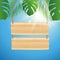 Blank wooden hanging sign under palm leaves tropical design