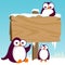 Blank wooden sign on a winter landscape with penguins. Vector Illustration