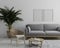Blank wooden vertical picture frame mockup in modern interior  living room background in gray tones with gray sofa and wooden