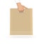 Blank yellow paper bag mock up holding in hand. Empty plastic pa