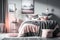 Blankets in pink and grey, a carpet, and posters decorate a modest bedroom with copy space on a white wall , Generative AI