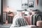 Blankets in pink and grey, a carpet, and posters decorate a modest bedroom with copy space on a white wall , Generative AI