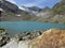 Blaue Lacke lake at Stubai high-altitude hiking trail, lap 5 in Tyrol, Austria