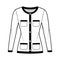 Blazer Jacket like Chanel suit technical fashion illustration with long sleeves, patch pockets, fitted, button closure