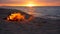 Blazing campfire on beach, summer evening. Bonfire in nature as background. Burning wood on white sand shore at sunset.