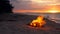 Blazing campfire on beach, summer evening. Bonfire in nature as background. Burning wood on white sand shore at sunset.