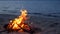 Blazing campfire on beach, summer evening. Bonfire in nature as background. Burning wood on white sand shore at sunset.