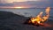 Blazing campfire on beach, summer evening. Bonfire in nature as background. Burning wood on white sand shore at sunset.