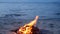 Blazing campfire on beach, summer evening. Bonfire in nature as background. Burning wood on white sand shore at sunset.