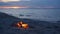 Blazing campfire on beach, summer evening. Bonfire in nature as background. Burning wood on white sand shore at sunset.