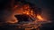 Blazing cargo ship braving stormy night on the ocean symbolizing safety and resilience