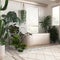 Bleached wooden bathroom in white and beige tones with freestanding bathtub. Windows with venetian blinds. Biophilic concept, many