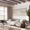 Bleached wooden japandi living and room in white and beige tones. Fabric sofa, beams ceiling, window and decors. Farmhouse