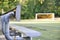 Bleacher seats with soccer field and net.