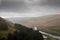 The bleak Elan Valley in Wales on a stormy winters day