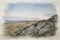 Bleak winter digital watercolour painting of Gib Torr, and The Roaches in the Peak District National Park