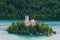 Bled island closeup and boats on Lake Bled