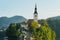 Bled island closeup and pletna on Lake Bled, Slovenia